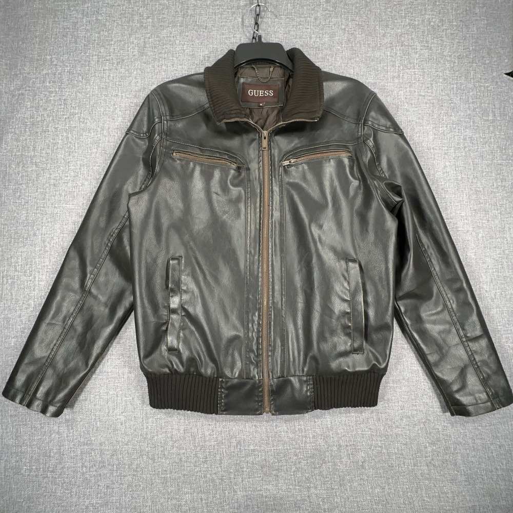 Guess Moto Bomber Jacket Mens M Dark Brown Zip Faux Leather Distressed No Hood